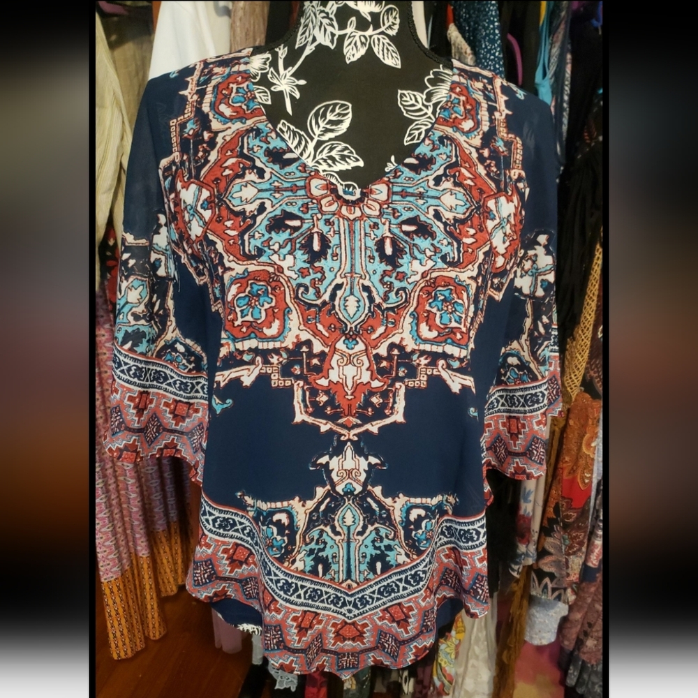 Ruby Rd. Women's Top - Navy and Red Pattern - Picture 2 of 9